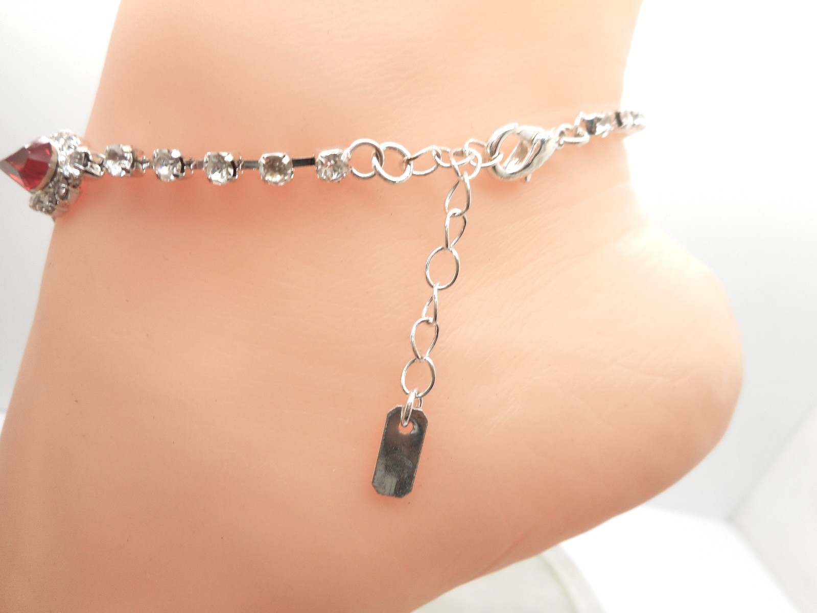 Slave Anklet Attached Toe Ring One Ankle Bracelet Silver Plated Deep Red Crystal