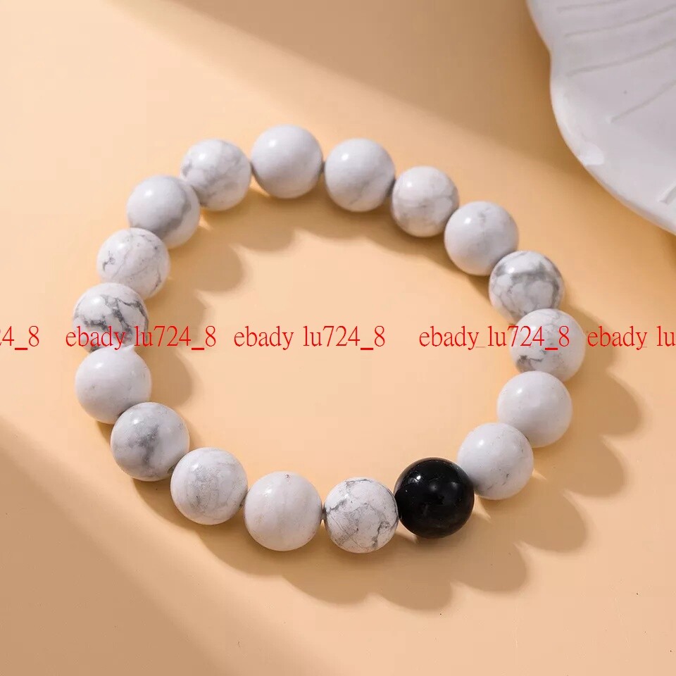 Beautiful White Howlite 6/8/10/12mm Black Agate Round Gems Beads Bracelet 7.5″