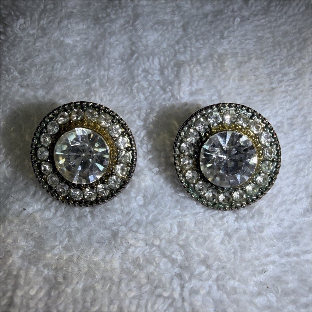 Vintage Rhinestone Halo Stud Earrings Silver Tone Crystal Statement Earrings