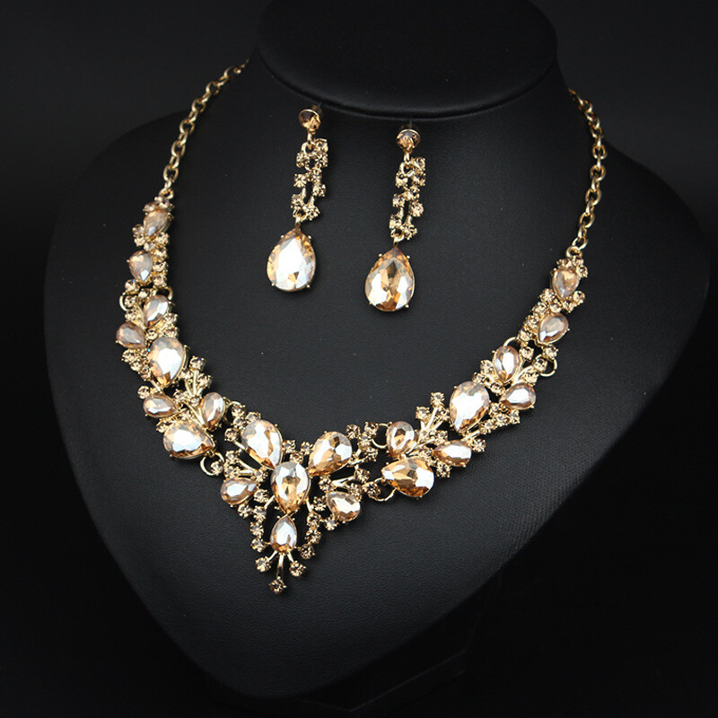 Crystal Gem Necklace Earrings Bridal Jewelry Set Statement Christmas Party Gift