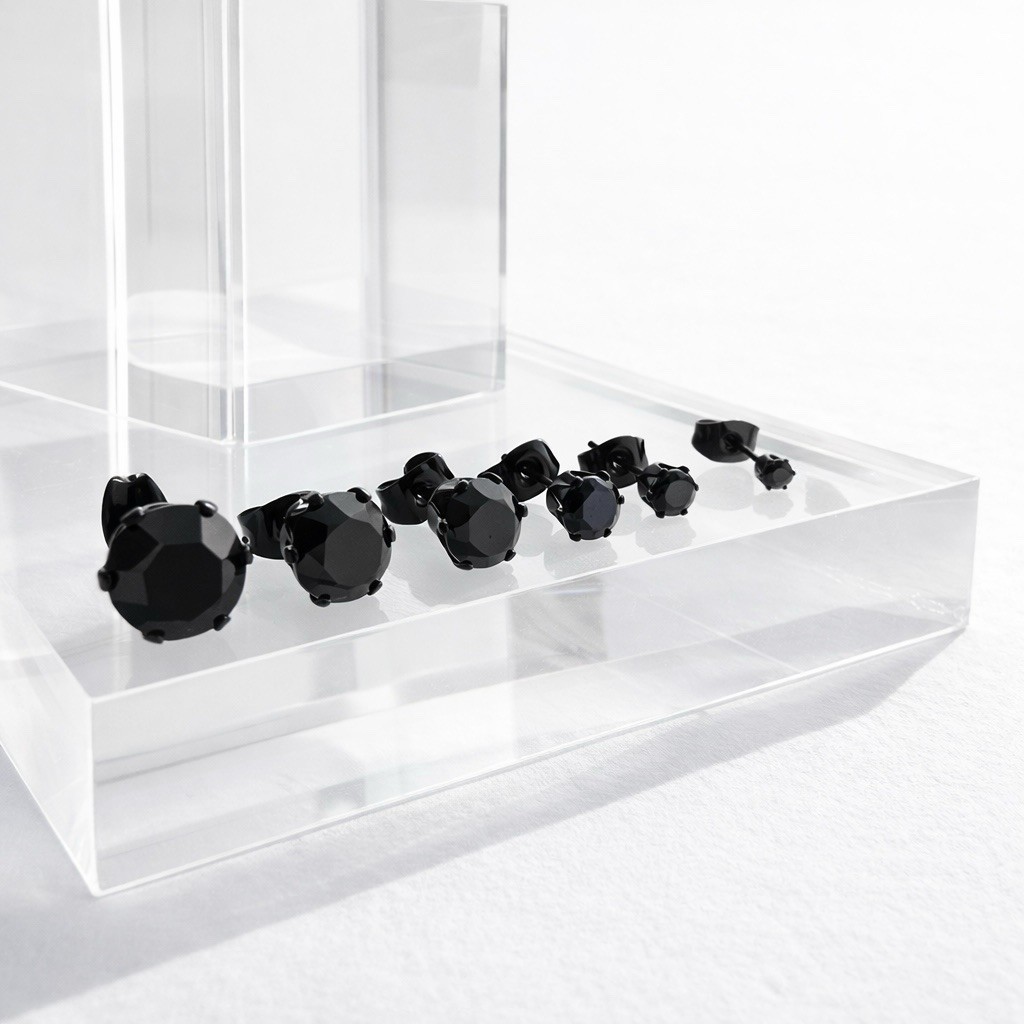 Black CZ Stud Earrings Stainless Steel Unisex Round Minimalist Hypoallergenic