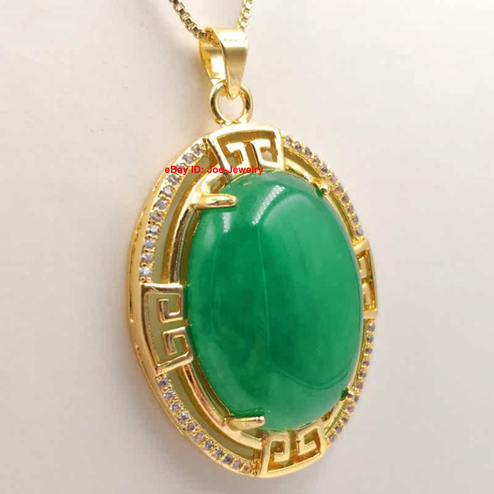 New Yellow Plated Alloy Heated Oval Green Jade Pendant 40mm H Bright