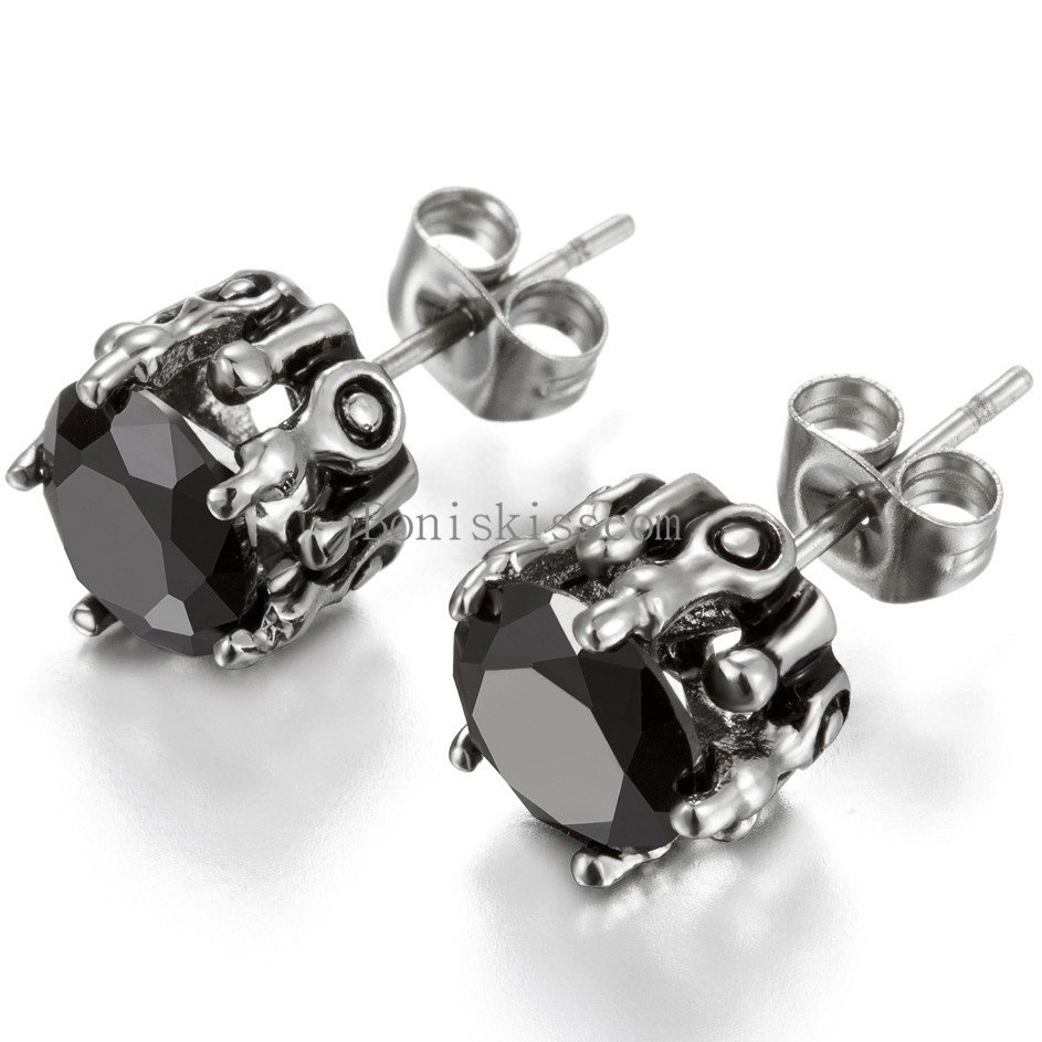 2Pcs Stainless Steel Claw Round Cut Cubic Zirconia Stud Earrings Men’s Women’s