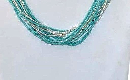 Multistrand Turquoise and Silver Tone Glass Seed Bead Adjustable Necklace