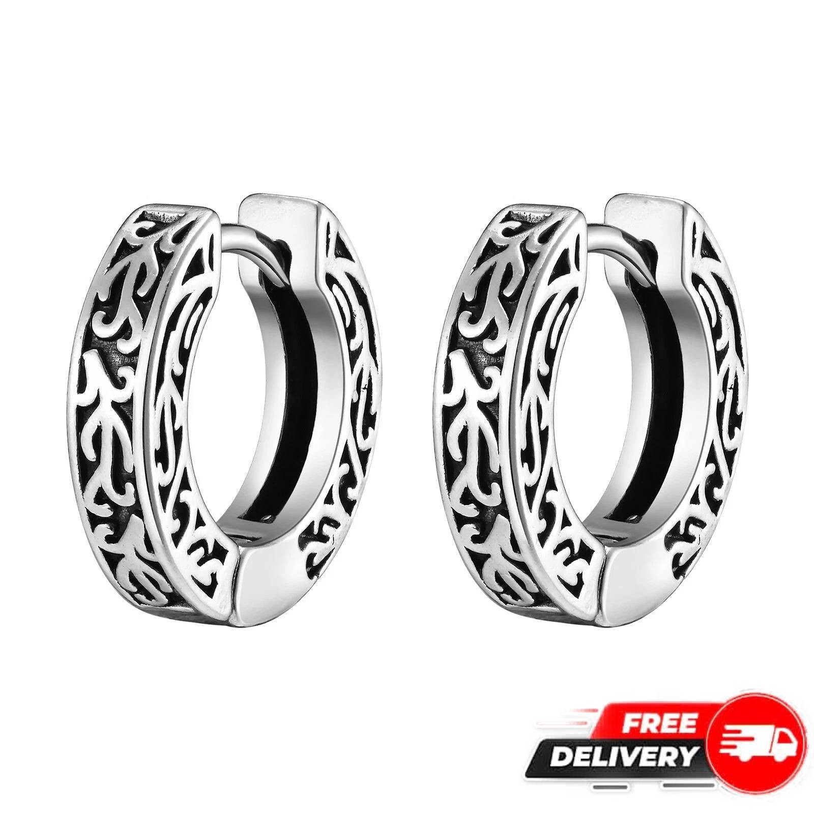 Silver Totem Hoop Huggie Earrings Men Teens Rock Punk Jewelry