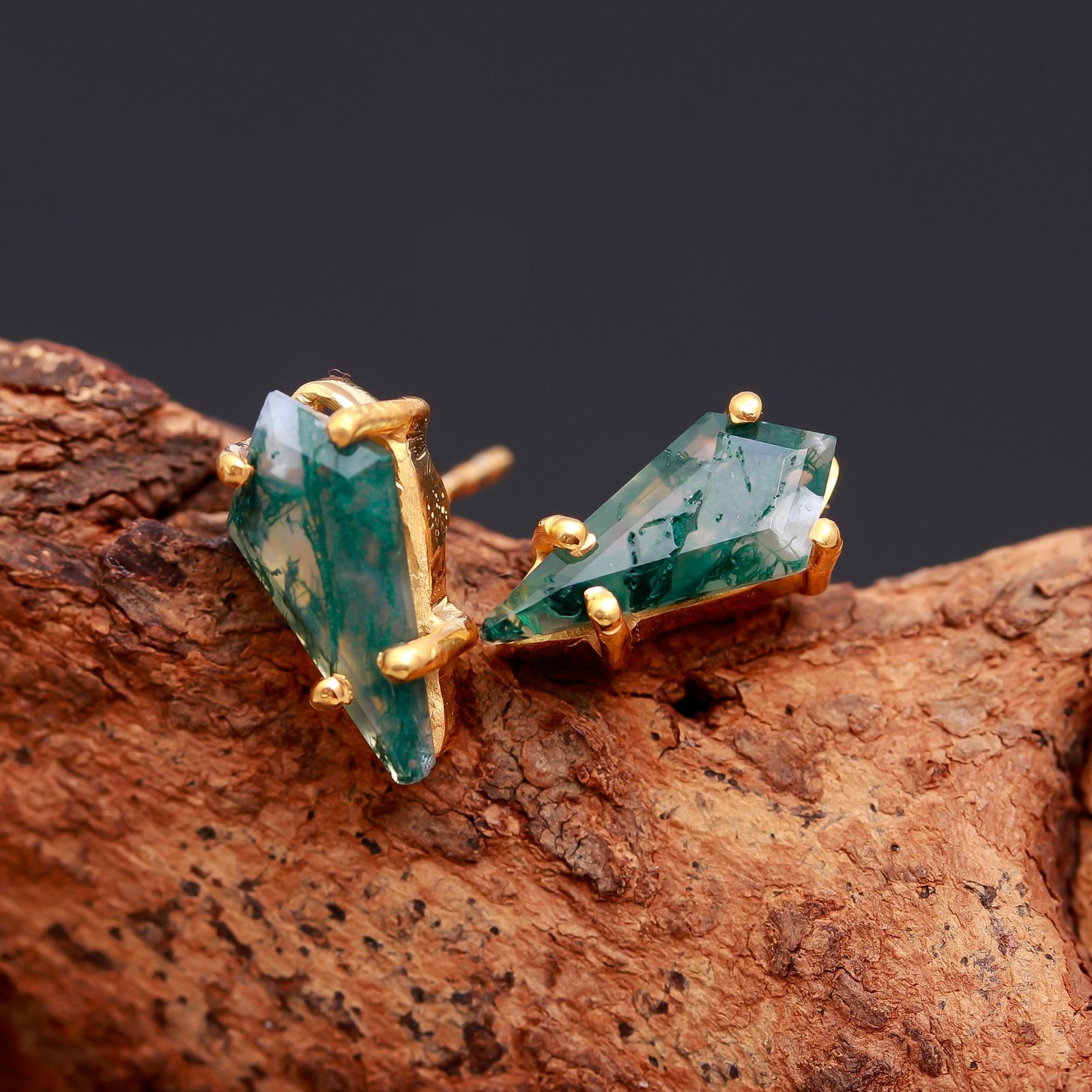 Natural Moss Agate Kite Stud Earrings Gold Plated 925 Sterling Silver Jewelry