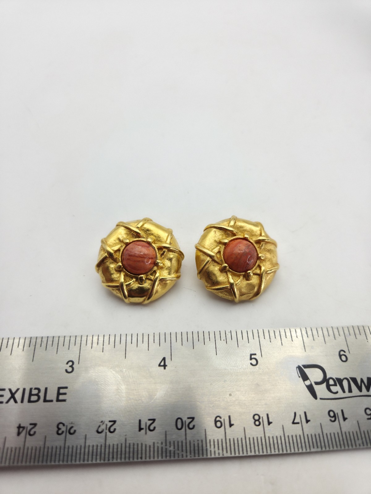 Karl Lagerfeld Chunky Gold Tone Orange Cabs Clip Ons Earrings Designer Signed 1″