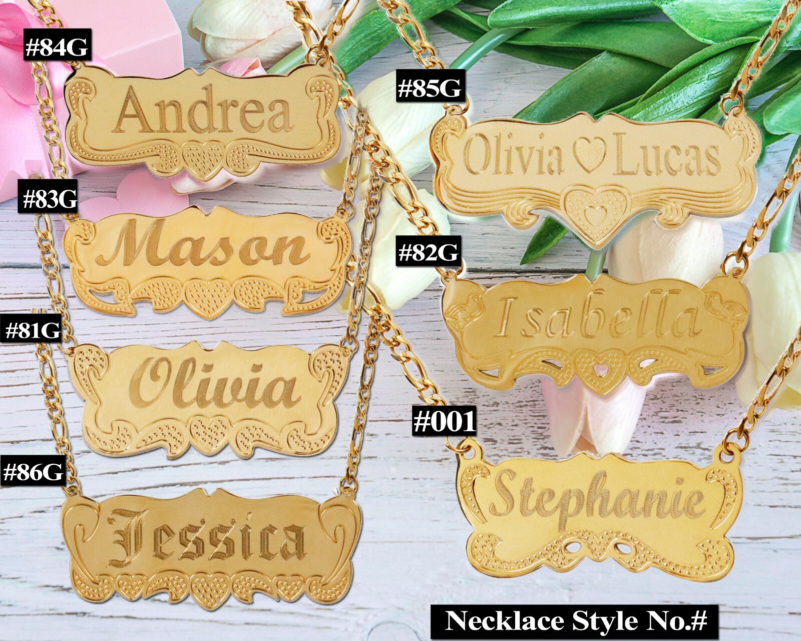 Personalized 14K Gold Plated Any Name Plate Script Chain Necklace 14 Styles