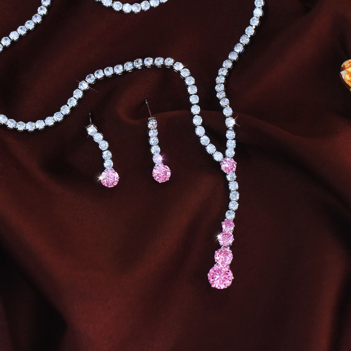 Women Stylish Long Drop Necklace and Earrings Silver Plated Round CZ Jewelry Set