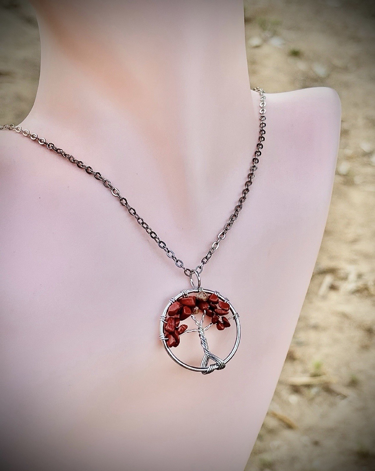 Silver Tone Tree of Life Round Charm Necklace w/ Red Chip Stones, Lobster