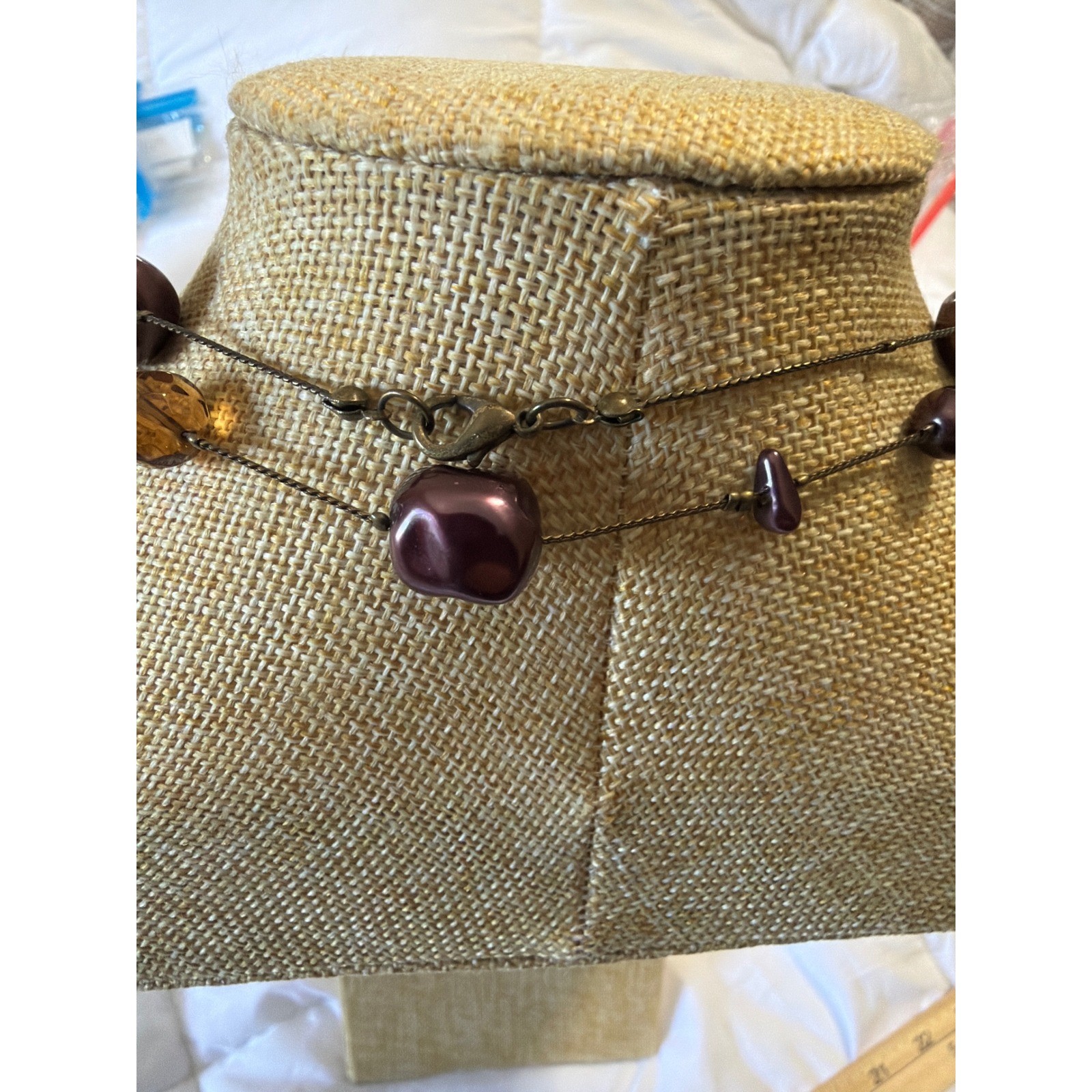 Long Station Necklace Plum Purple Faux Pearl Amber Faceted Beads Layering