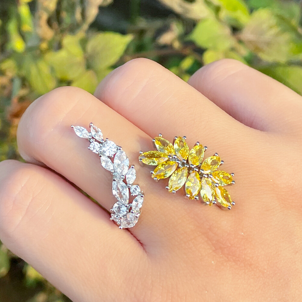 Marquise Silver Plated Yellow Cubic Zirconia Leaf Adjustable Open Cuff Wrap Ring