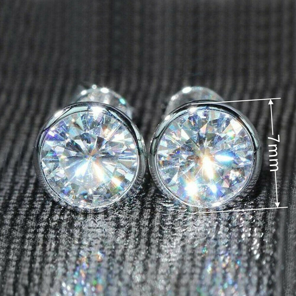 Stunning New Silver Plated 7mm Clear White Round Bezel Set CZ Stud Earrings