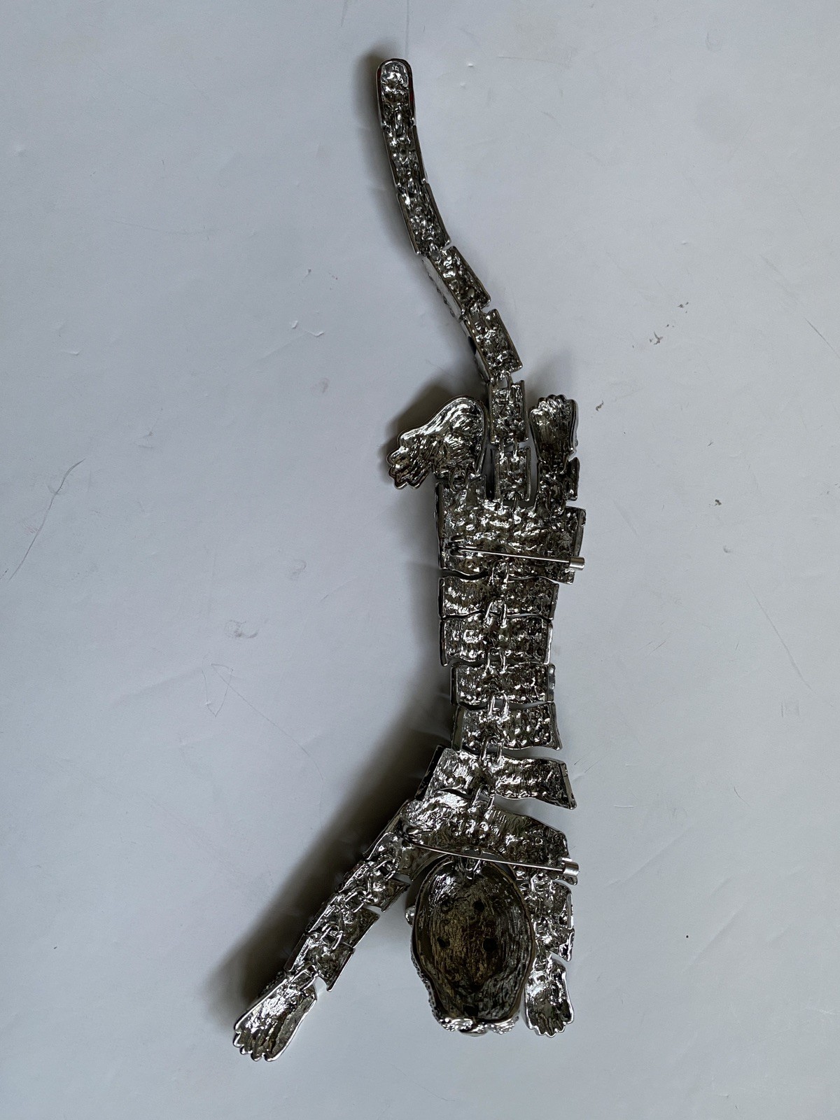 Movable Articulated Silver Tone Crystal Black Enamel Large Tiger Cat Brooch NEW