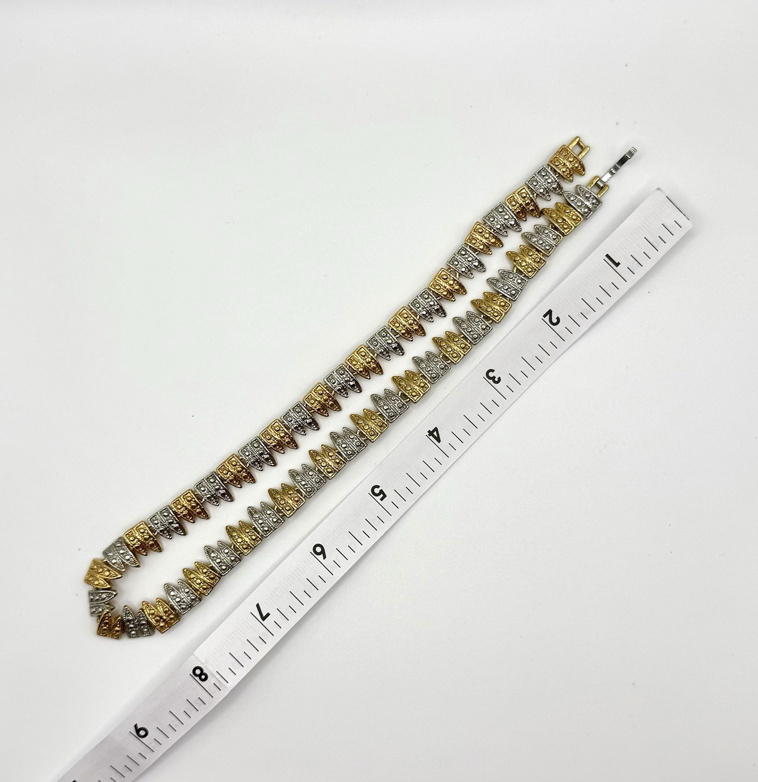 Vintage Two Tone Gold & Silver Tone Link Necklace Geometric Textured Statement