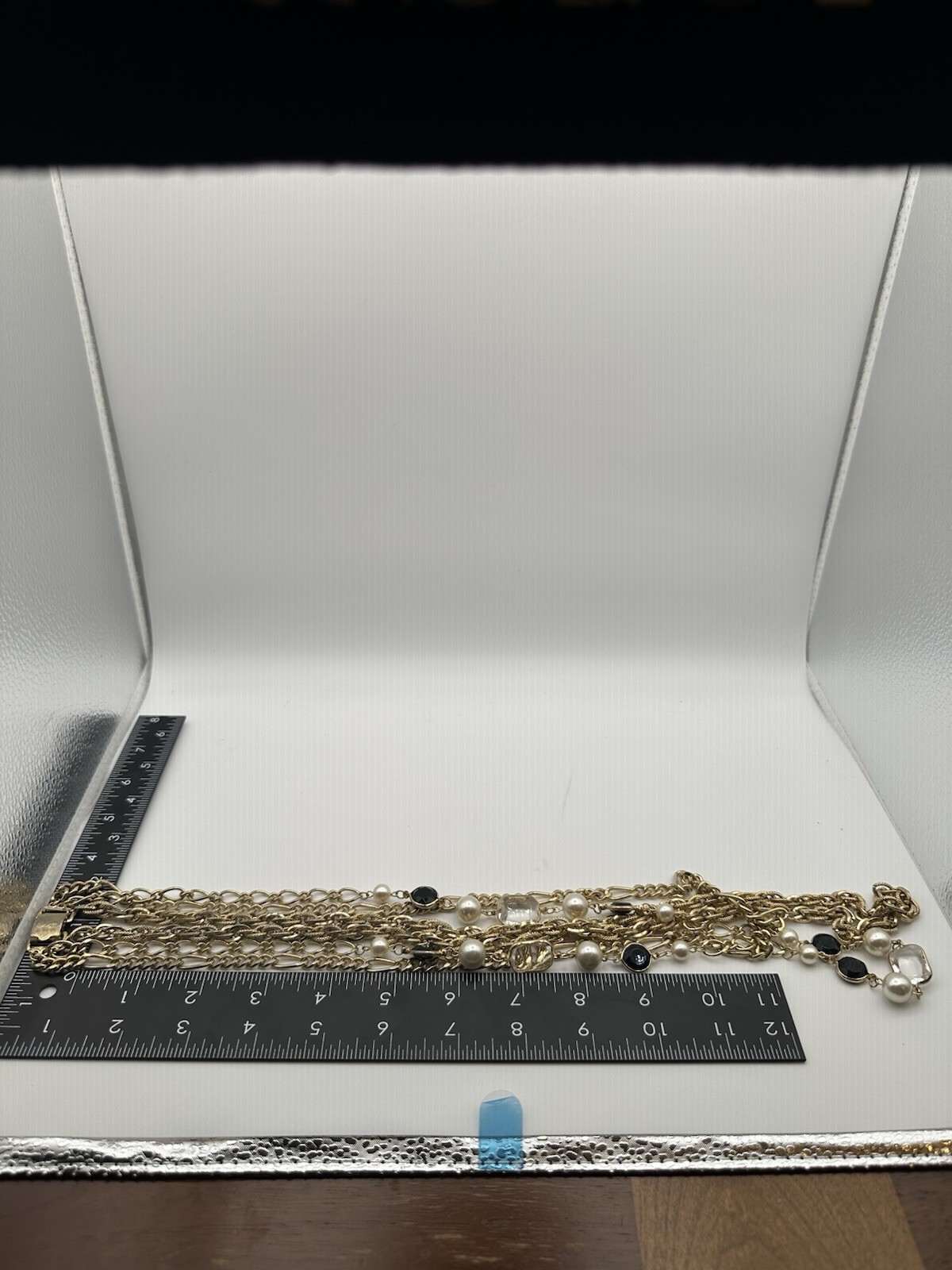 Statement Necklace Gold Tone Layered Cable Chain Sim Pearl Black Clear Beads