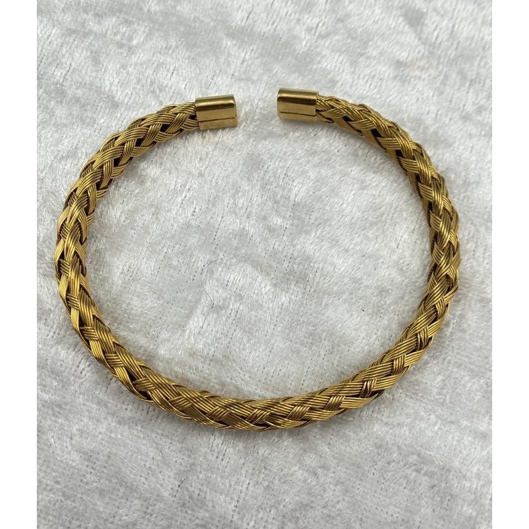 Gold Tone Woven Braided Stackable Bracelet Size 7 Open Cuff Modern Chic