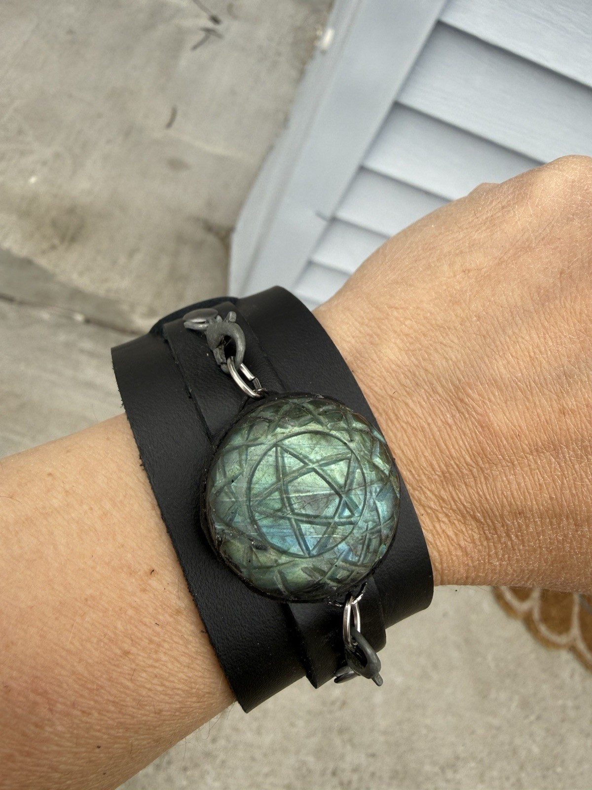 Black vegan Leather Wide Cuff Bracelet w/ Buckle Closure, Adjustable labradorite