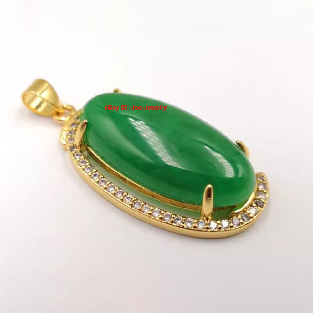New Yellow Plated Alloy Heated Oval Green Jade Pendant 45mm H Bright