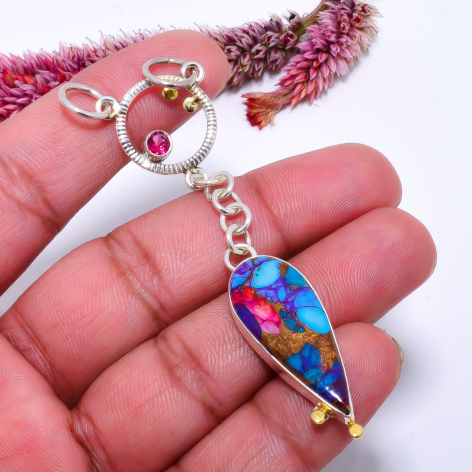 Copper Purple Turquoise & Pink Tourmaline 925 Silver Pendant 2.93″ P10371114632