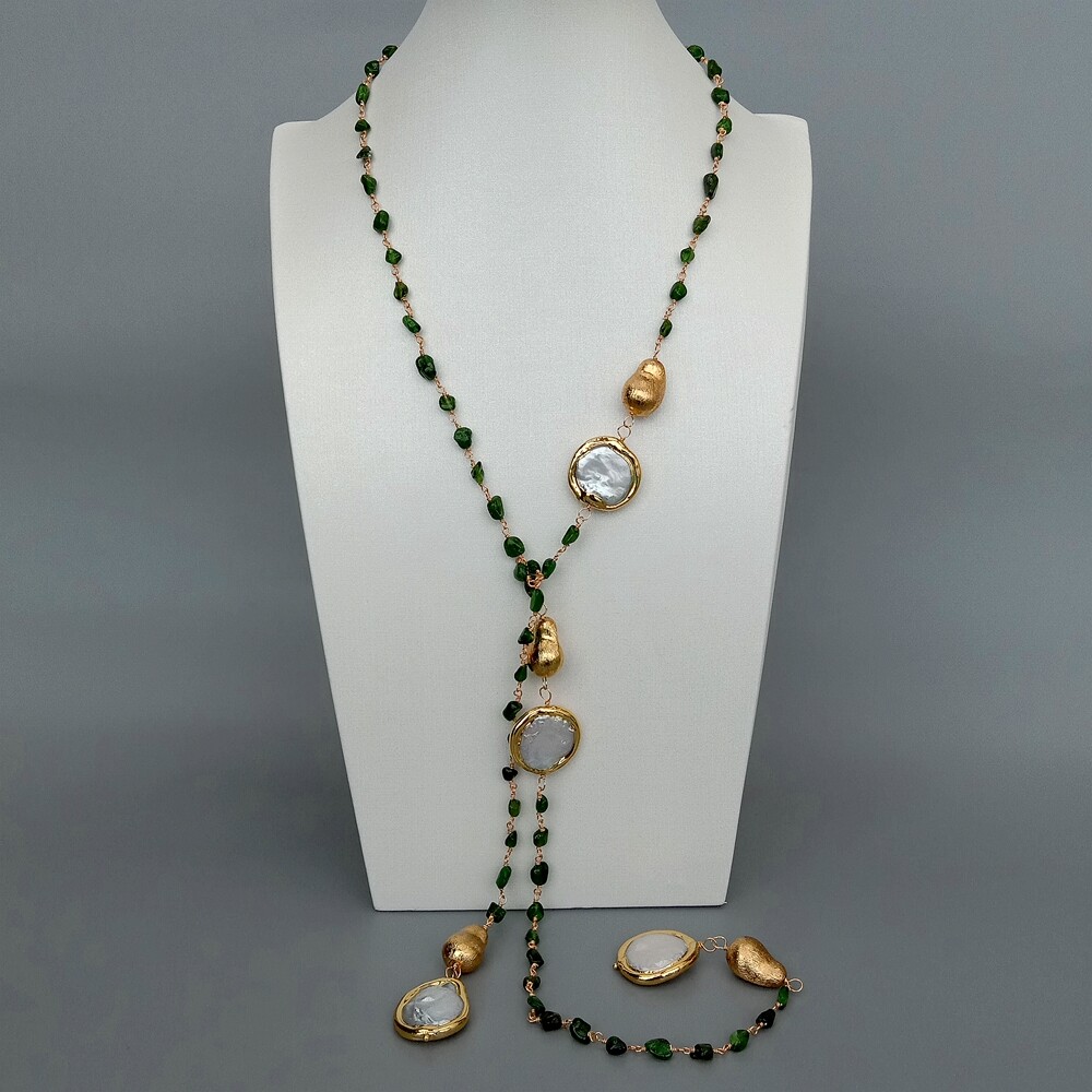 Natural Green Diopside Cultured White Coin Pearl Long Necklace 41″