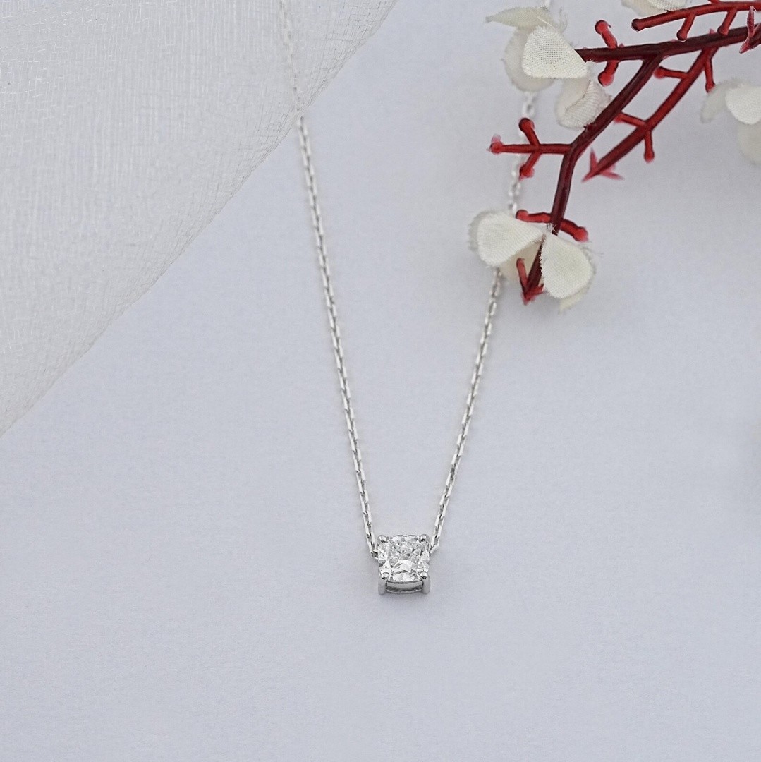 1.00 Ct Cushion EF VS Lab Grown Diamond Solitaire Necklace in 14K White Gold
