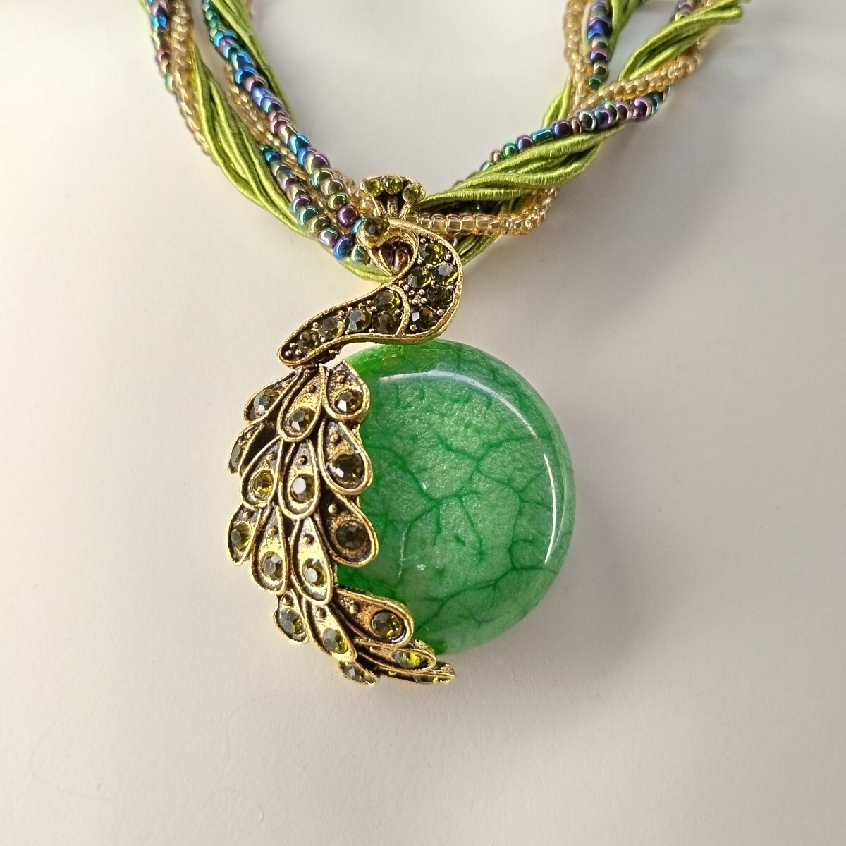 Fairytale Statement Beaded Peacock Pendant Necklace 20.5″ Fashion Jewelry