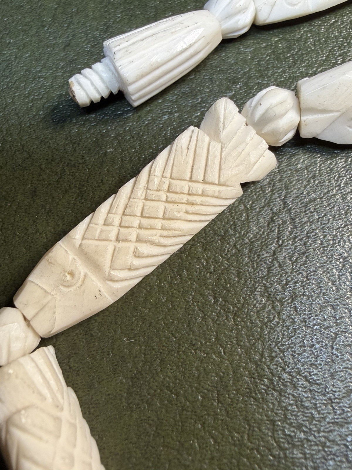 White Carved Bone Beaded Strand Necklace Ball/Bead Chain Screw Closure