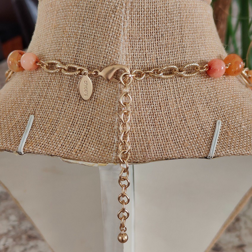 Chico’s Chunky 3 Strand Statement Necklace Coral Orange Gold Tone Boho