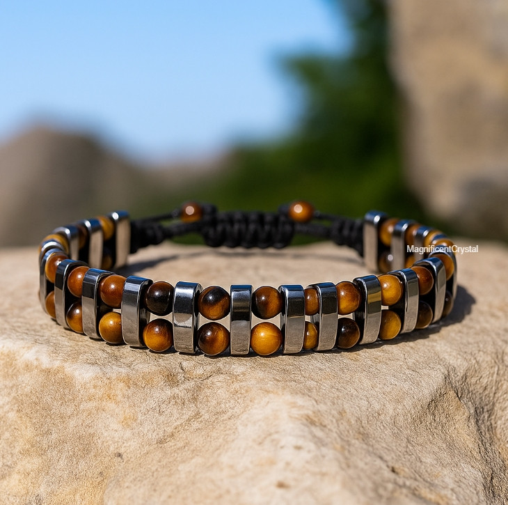 Premium Tiger’s Eye & Hematite Bracelet Genuine Stone Energy Men Jewelry Xmas