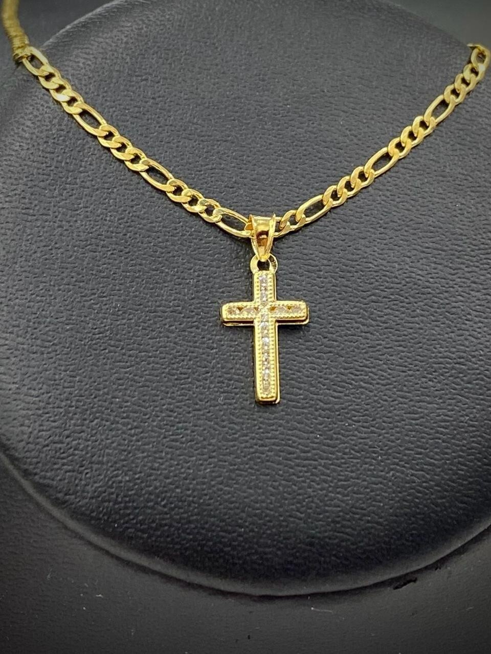 14K Gold Filled Tiny CZ Cross Pendant Necklace Womens 17x10mm Figaro Crucifix