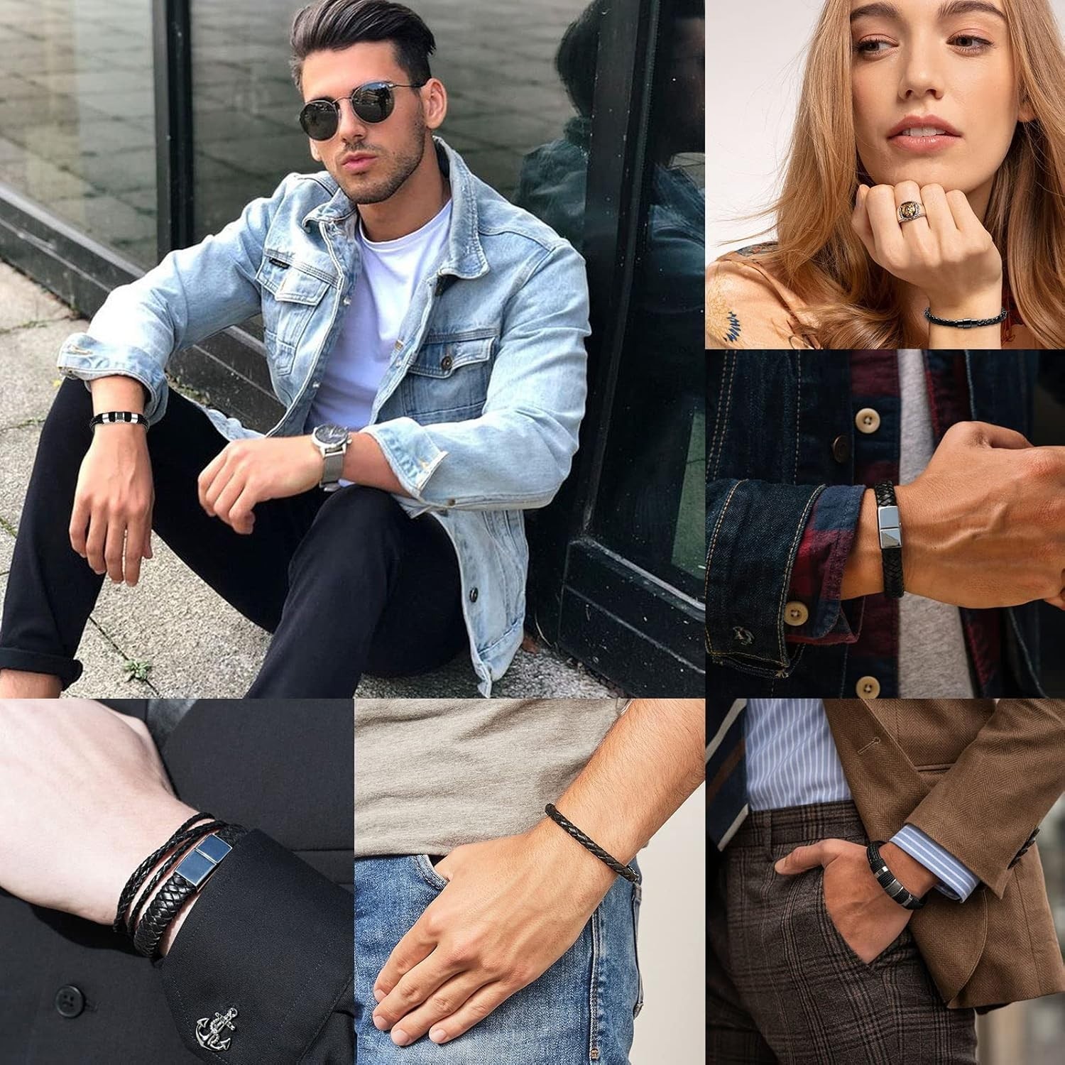 Adjustable Leather and Stainless Steel Bracelets