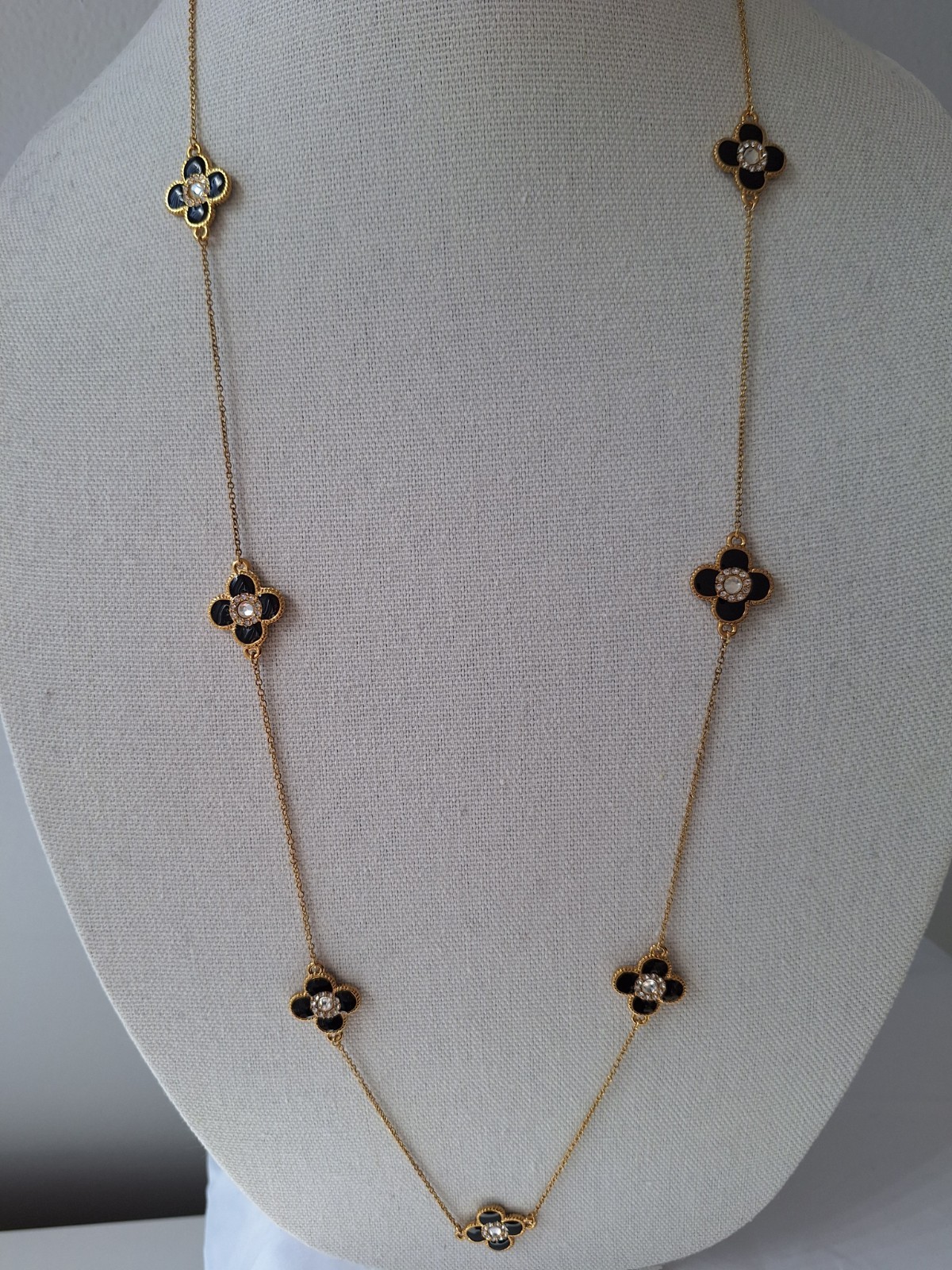 Gold Black Flower/clover Necklace, 36″ Long
