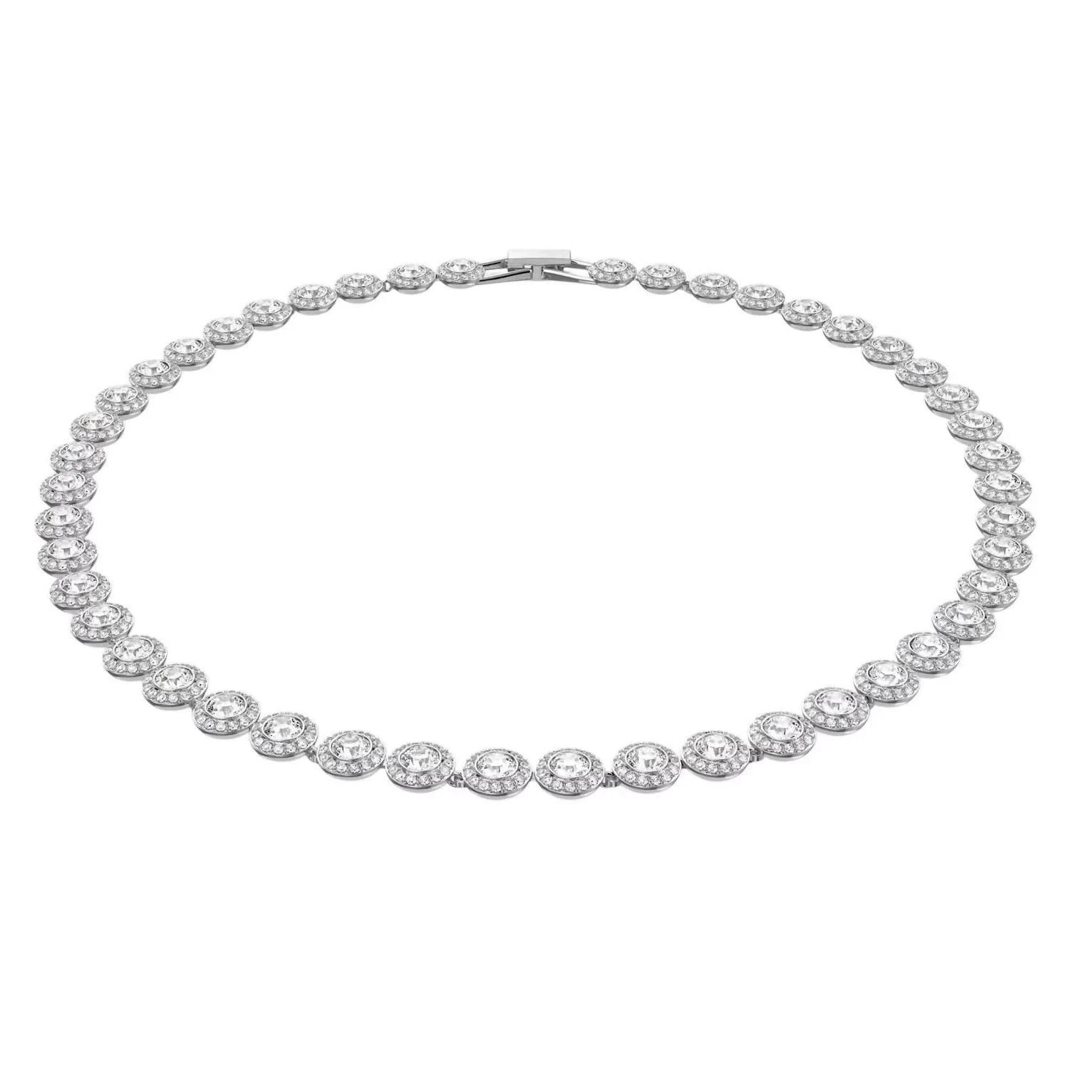 Swarovski White Crystal Tennis Necklace Halo Design Rhodium Plated Womens