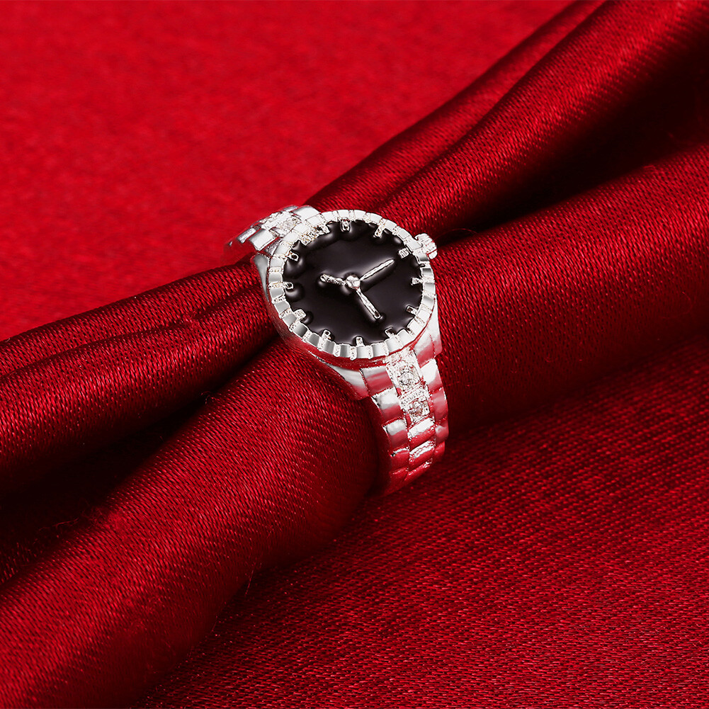 Silver Plated Band Watch Clock AAA Stone Ring B17