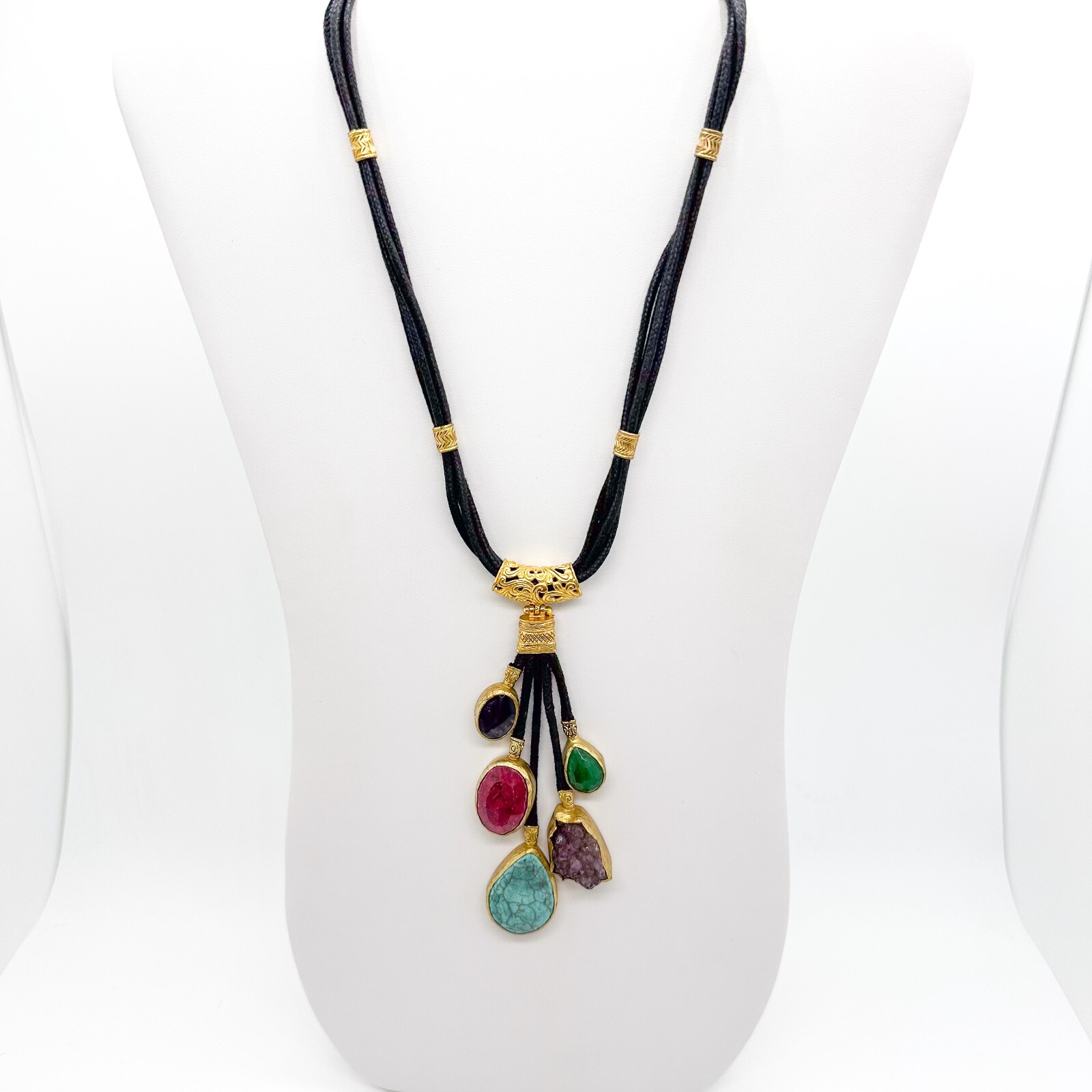 Vita New York Necklace Natural Multi Stone Gold Plated Cord Gold Plated Unsigned
