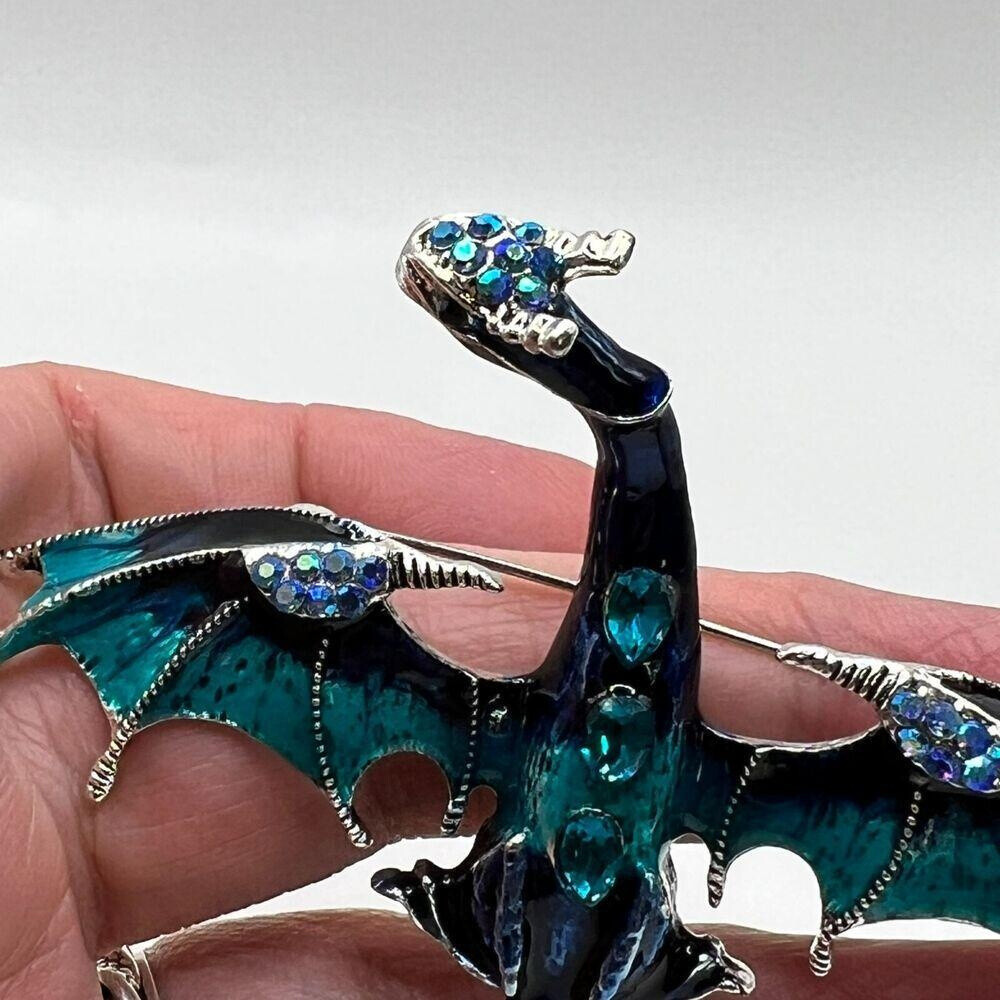 DRAGON BROOCH Pin Pendant Blue Rhinestone Enamel Silvery Tone Costume Jewelry