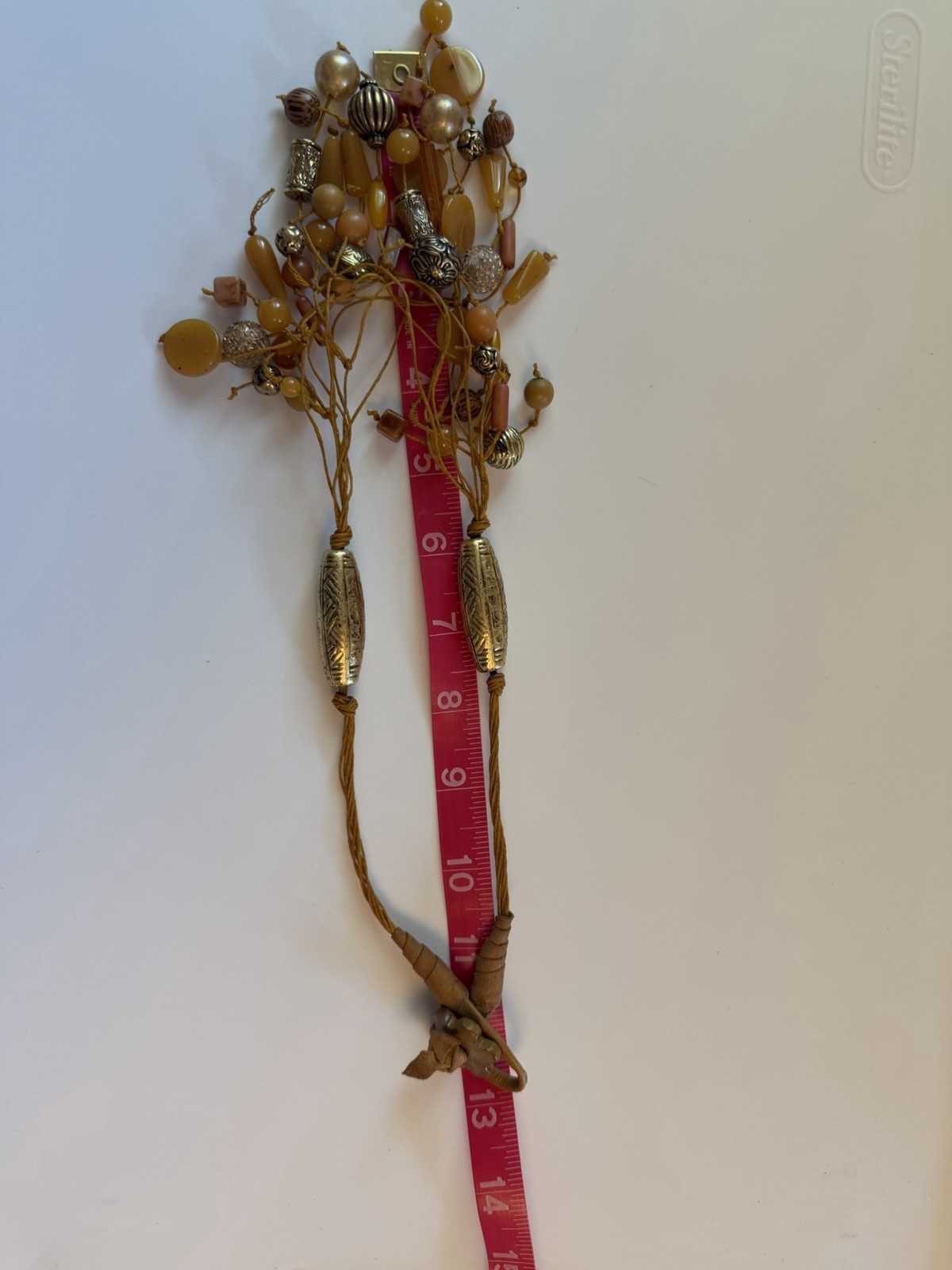 Yellow Cord Beaded Cluster Dangle Statement Necklace 13in Adjustable Tie Closure