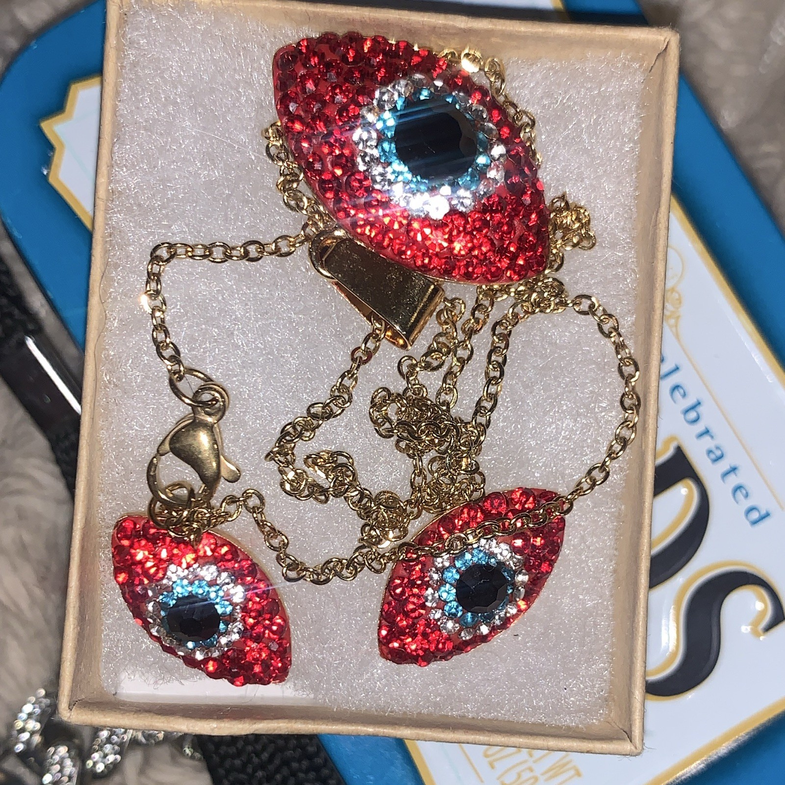 Evil Eye Crystal Jewelry Set Gold Tone Red/Blue Pendant Necklace & Earrings