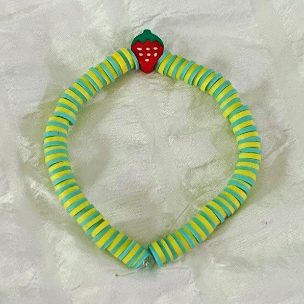 Multicolor Polymer Clay Heishi Bead Stretch Bracelet Strawberry Charm Slip-On