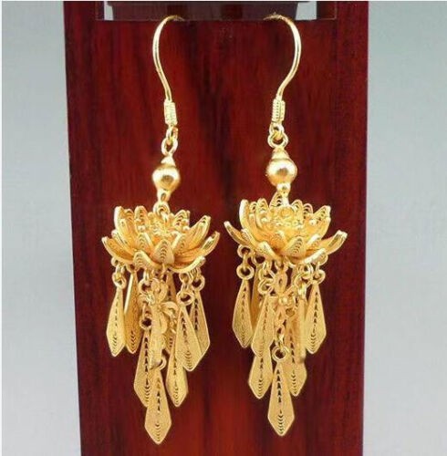 ancient lotus fringe 22K 23K 24K THAI BAHT YELLOW GP GOLD Earrings