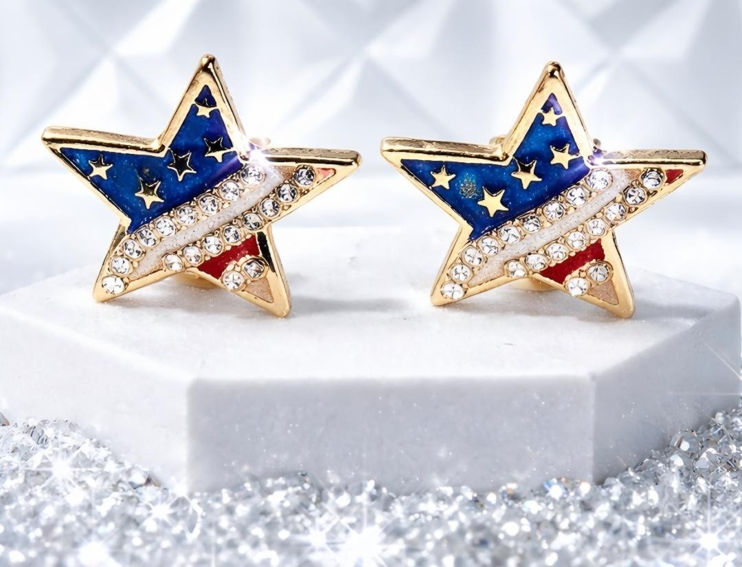 PATRIOTIC GOLDTONE OR SILVERTON CLIP-ON EARRINGS CLEAR CRYSTALS FREE SHIPPING