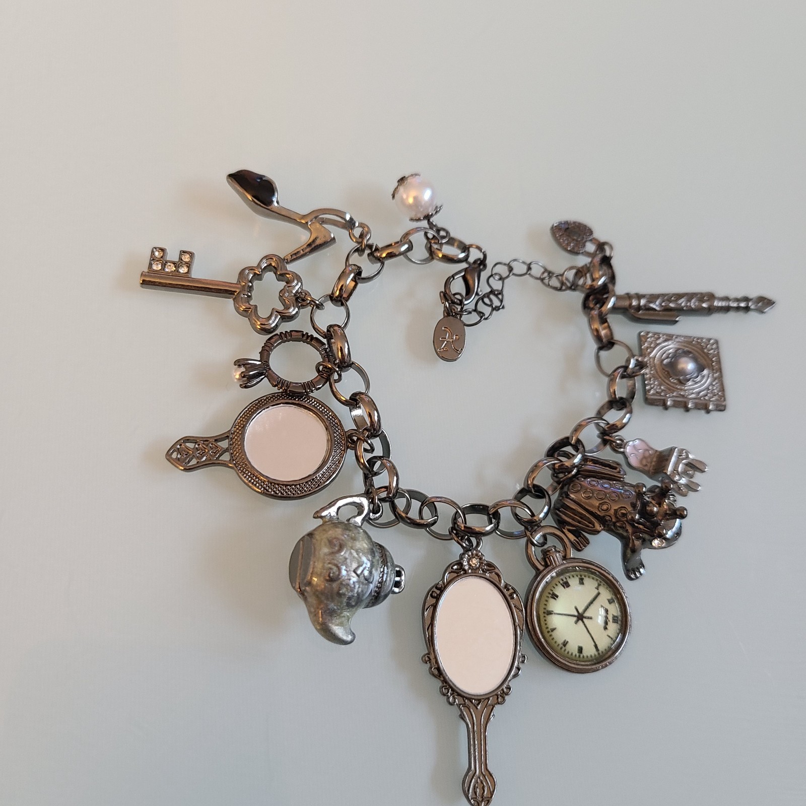 10″ Whimsical Fairytale Charm Bracelet Gunmetal Tone Teapot Frog Mirror Shoe Key