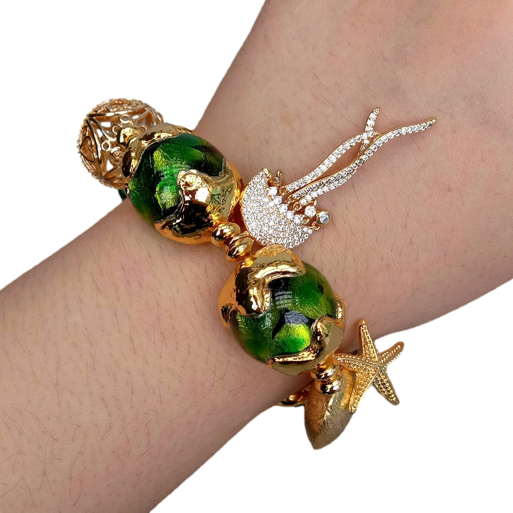 Green Murano Glass White Pearl Gold Plated Charm Beaded Bracelet Handmade