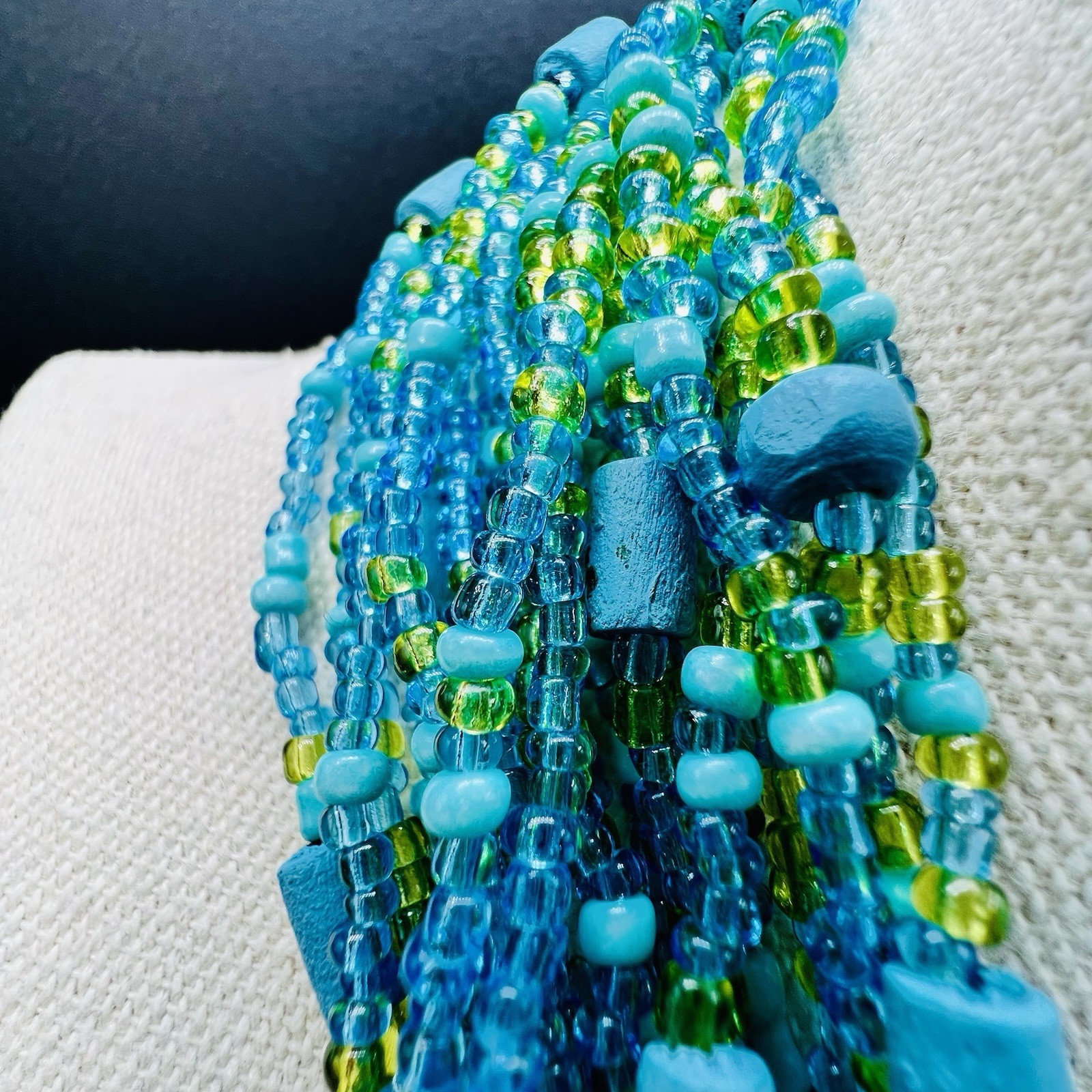 Aqua Lime Seed Bead Necklace Multi Strand Statement Bib Collar Beach Boho