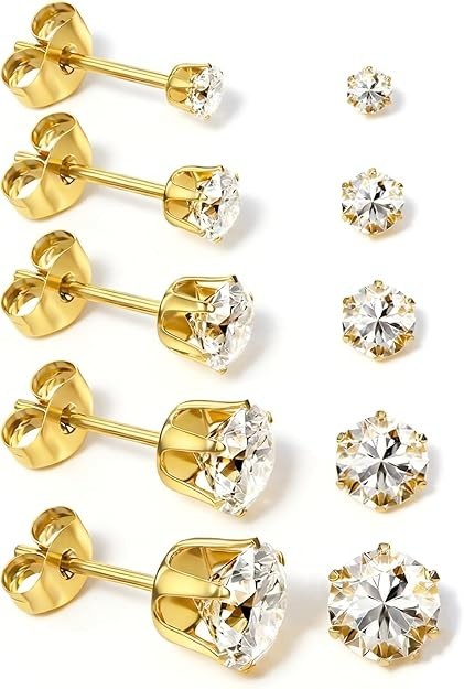 5 Pairs Stainless Steel Stud Earrings Set Silver 14K Gold Plated Stud Earrings 3