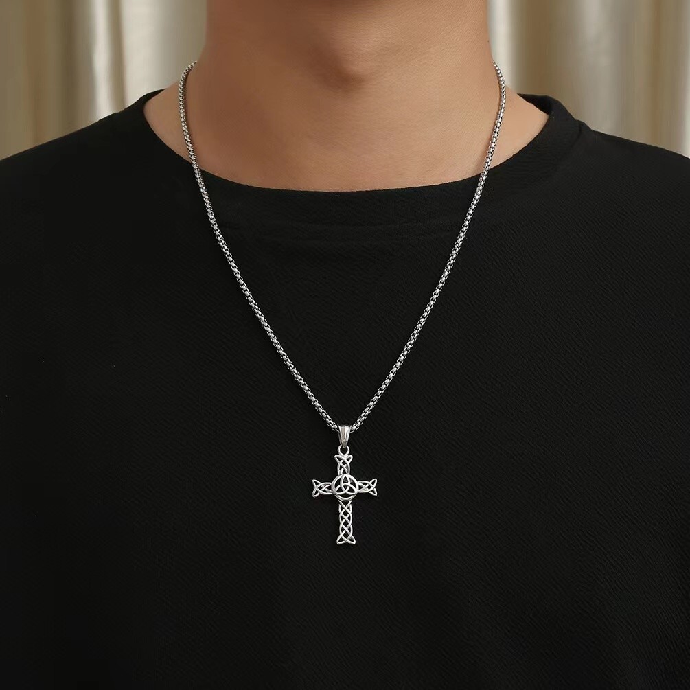 For Men Silver Celtic Cross Trinity Knot Pendant Necklace Chain Jewelry Gift