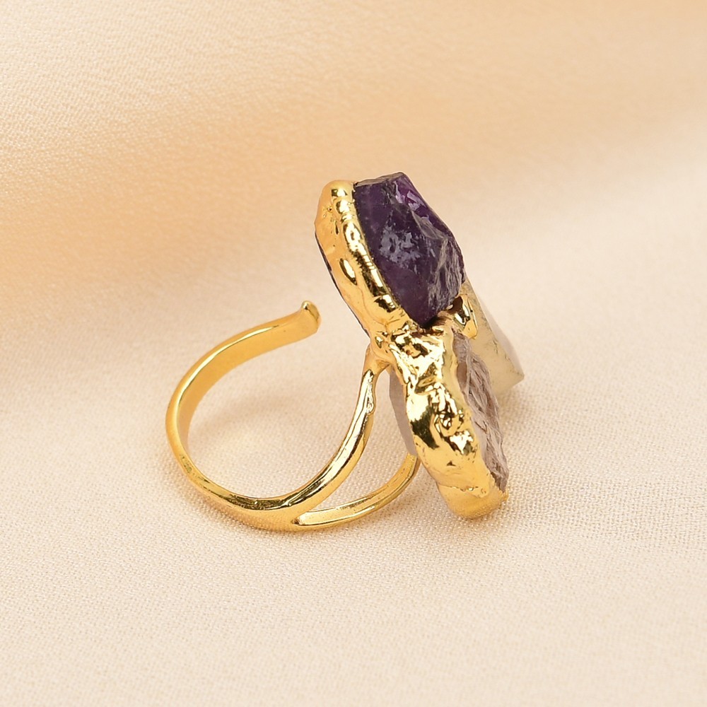 Natural Purple Amethyst Quartz Yelllow Citrine Gold Plated Rings For Women