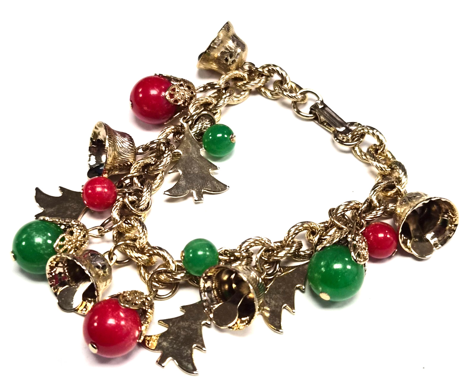 Vintage 70’s Christmas Holiday Bells Charm Dangle Red & Green Link 6.5″ Bracelet