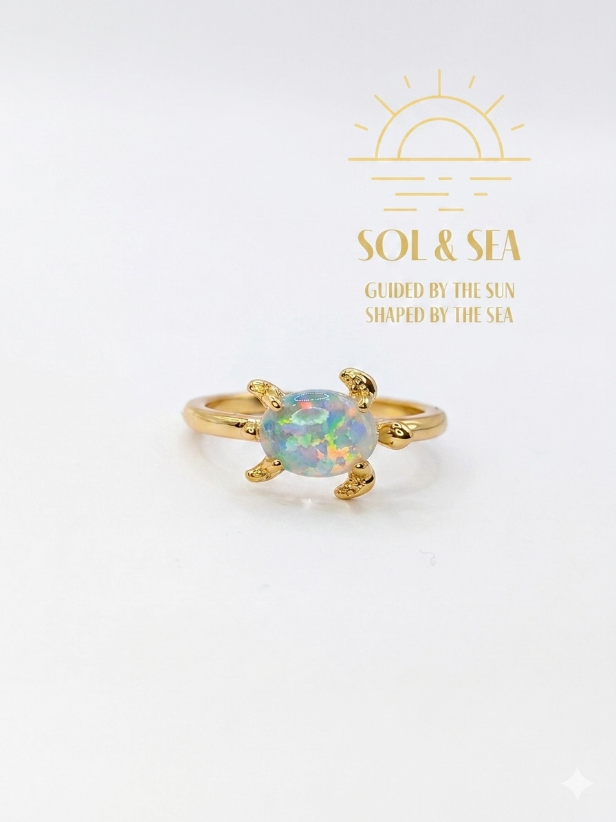 Sol & Sea synthetic Opal 9Ct gold plated Turtle ring whishmical summer with box